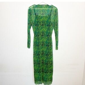 & Other Stories Mesh Pleated Green Patterned Long Sleeve Dress